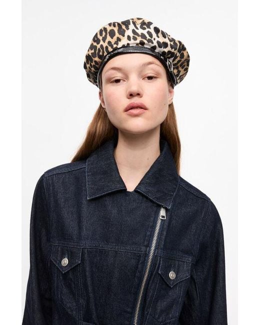 Ganni Blue Leopard Printed Beret Organic Cotton