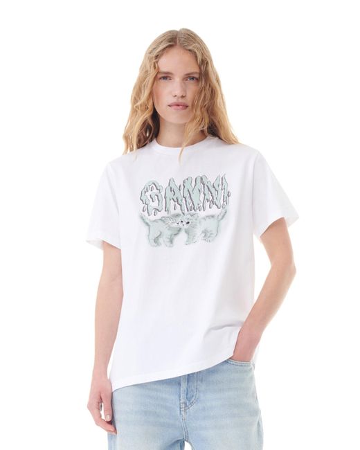 Ganni White Basic Jersey Love Cats Relaxed T-shirt