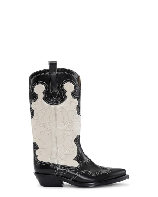 Ganni Black Monochrome Mid Shaft Embroidered Western Boots