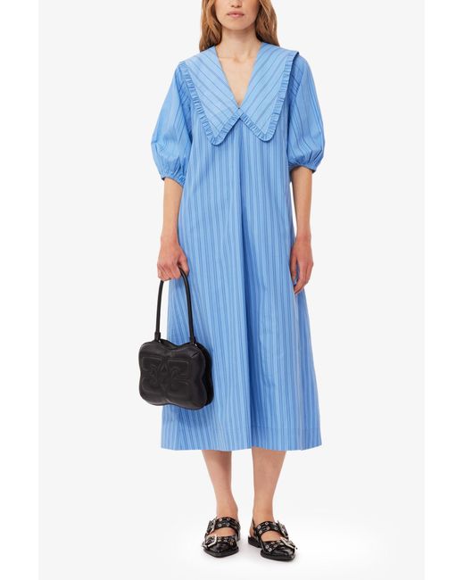 Ganni Blue Re-Cut Striped Cotton V-Neck Maxi Dress
