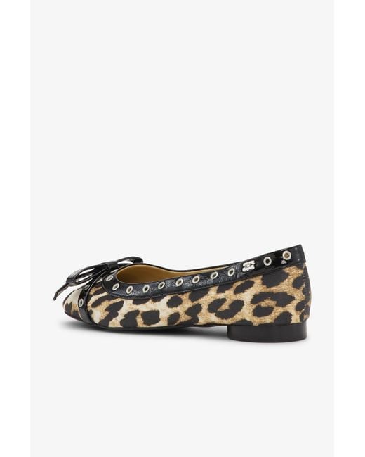 Ganni White Leopard Eyelet Bow Ballerinas