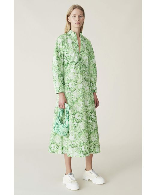 Ganni Green Floral Print Cotton Poplin Dress