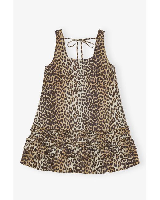 Ganni Natural Leopard Cotton Poplin Mini Dress