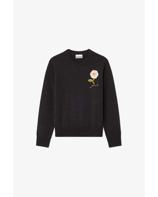 Ganni Black Jumper With Crochet Flower