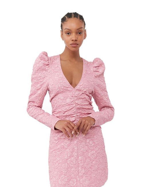 Ganni Orchid Smoke Long Sleeve Pink Jacquard V-neck Mini Dress Size 4 Recycled Polyester