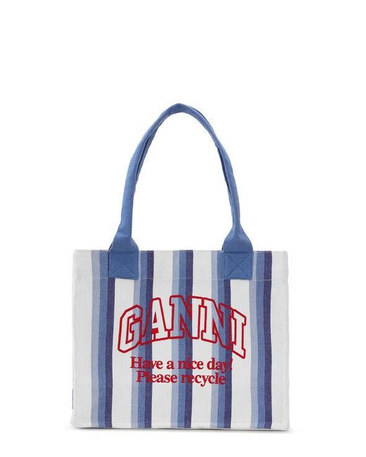 Ganni White Blue Large Striped Canvas Tote Bag