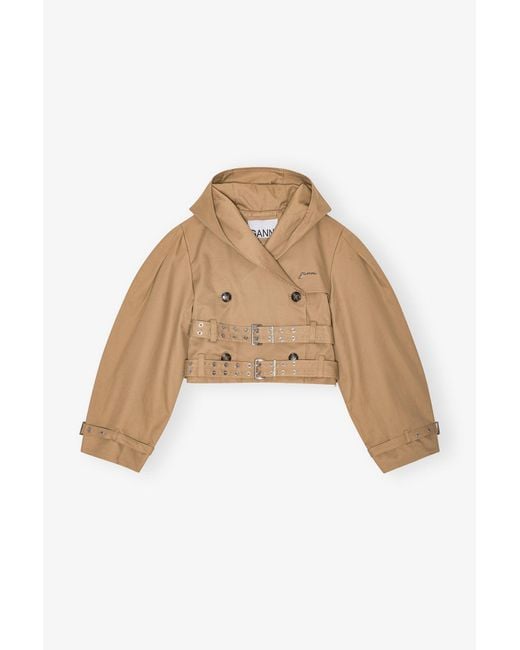 Ganni Natural Camel Bonded Cotton Short Trench Jacket