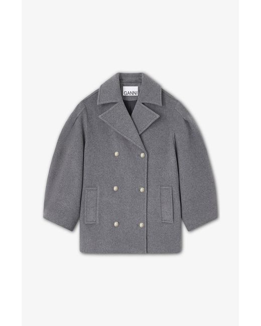 Ganni Gray Wool Oversized Midi Peacoat