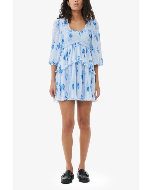 Ganni Blue Pleated Georgette Flounce Smock Mini Dress