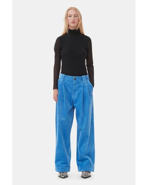 Ganni Blue Corduroy Loose Pleat Trousers