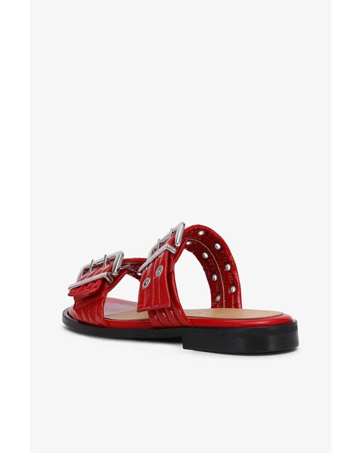 Ganni Red Feminine Buckle Two-Strap Sandals