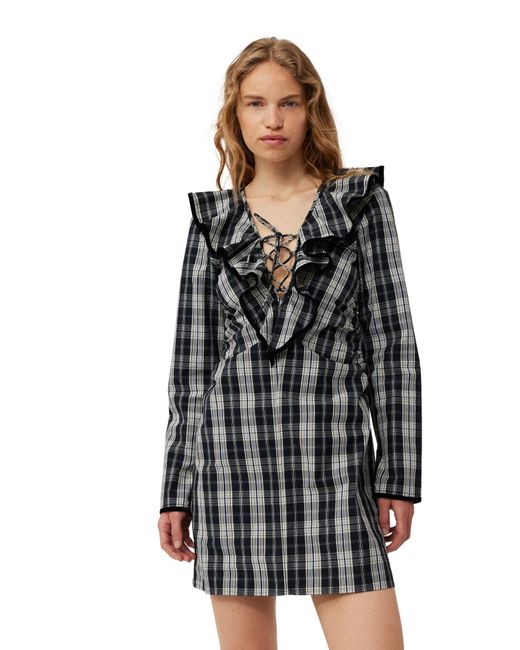 Ganni Black Checkered Cotton Ruffle V-neck Mini Kleid