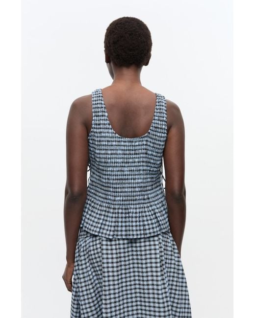 Ganni Seersucker Check Smock Tie String Top in Blue | Lyst UK