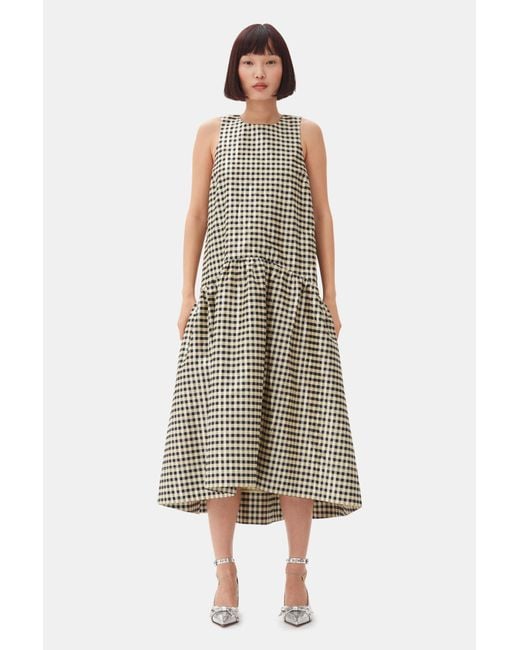 Ganni Natural Shiny Check Jacquard Midi Dress
