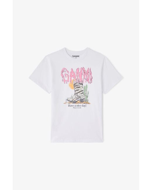 Ganni White T-Shirt With Zebra Western Boot