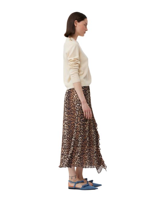 Ganni Natural Leopard Pleated Georgette Midi Flounce Skirt