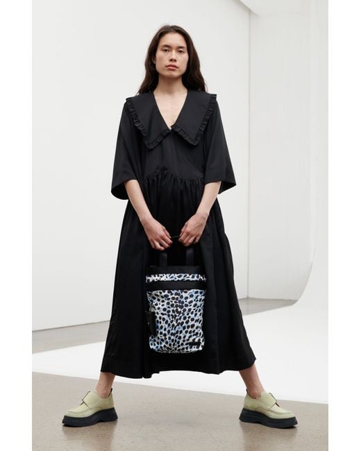 Ganni Smocked Satin Ruffle Collar Wavy Waist Oversize Wrap Dress Black Size Xxs/xs
