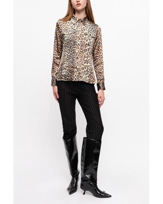 Ganni Natural Leopard Print Satin Shirt