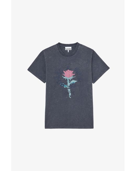 Ganni Blue T-Shirt With Rose