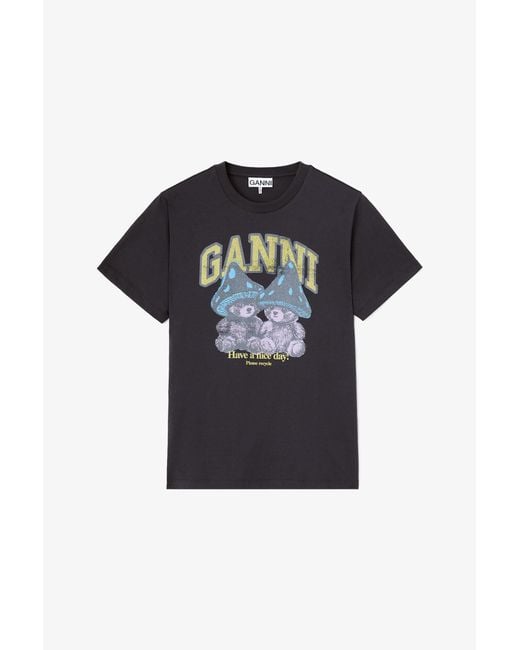 Ganni Black T-Shirt With Mushroom Teddy