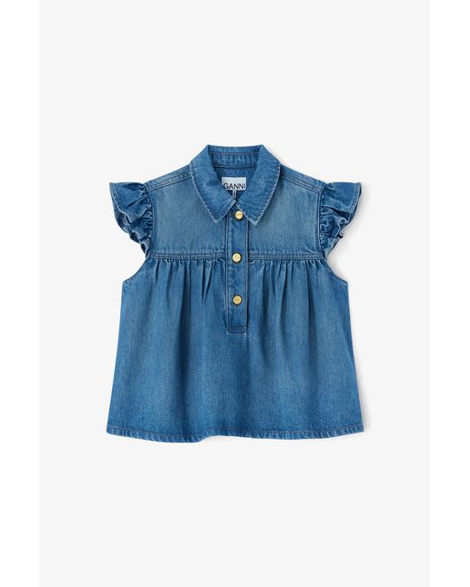 Ganni Blue Denim Ruffle Top
