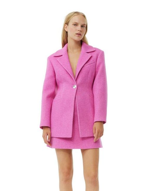 Ganni Pink Twill Wool Suiting Fitted Blazer