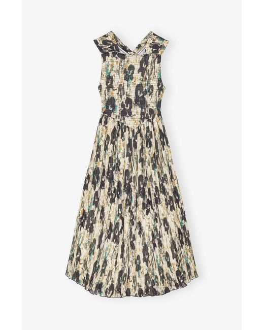 Ganni Multicolor Printed Pleats Smock Midi Straps Dress
