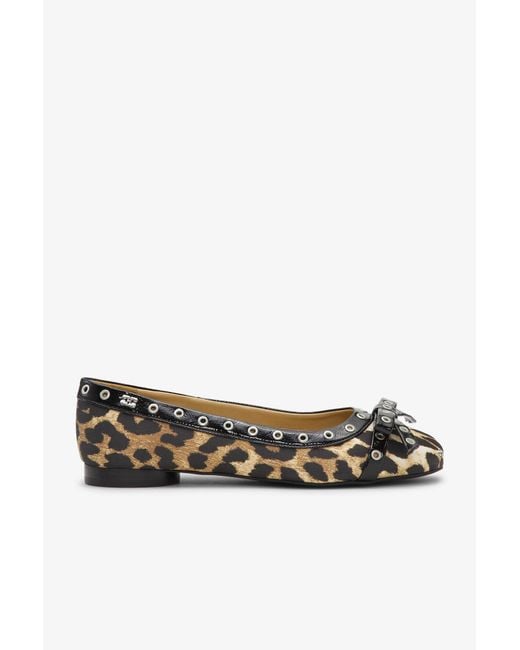 Ganni White Leopard Eyelet Bow Ballerinas