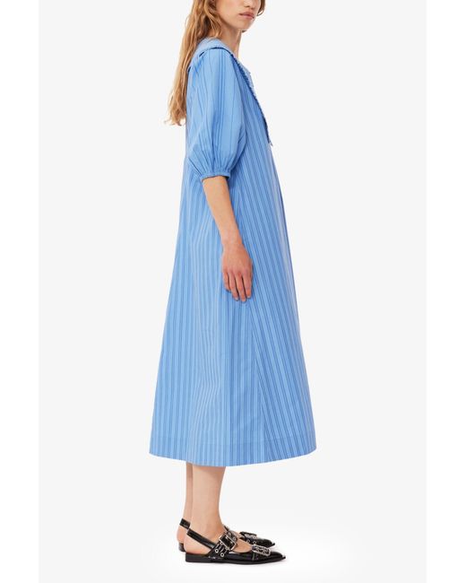 Ganni Blue Re-Cut Striped Cotton V-Neck Maxi Dress