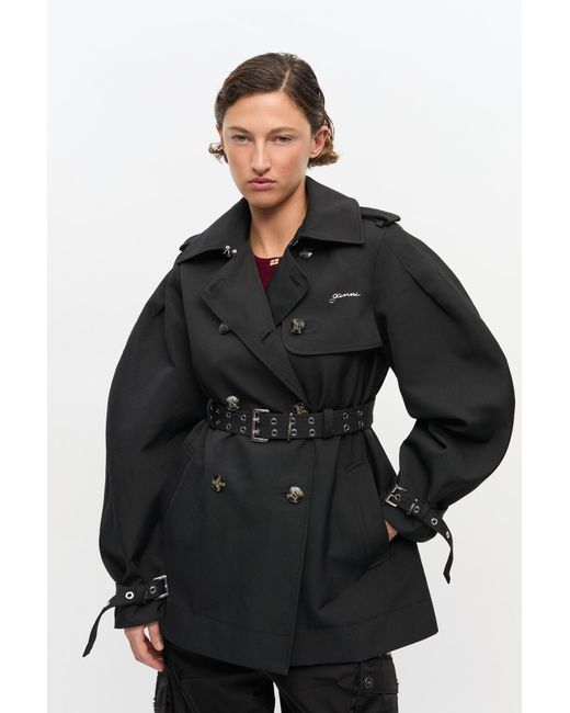 Ganni Black Heavy Twill Midi Trench Coat