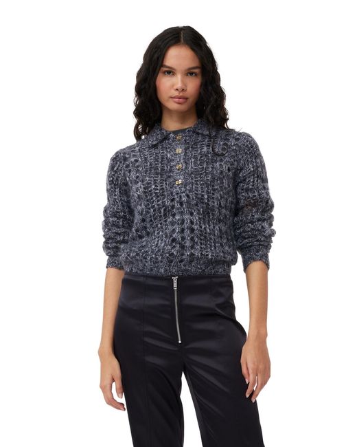 Ganni Blue Grey Mohair Lace Polo Sweater