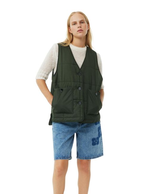 Ganni Green Quilt Boxy Vest