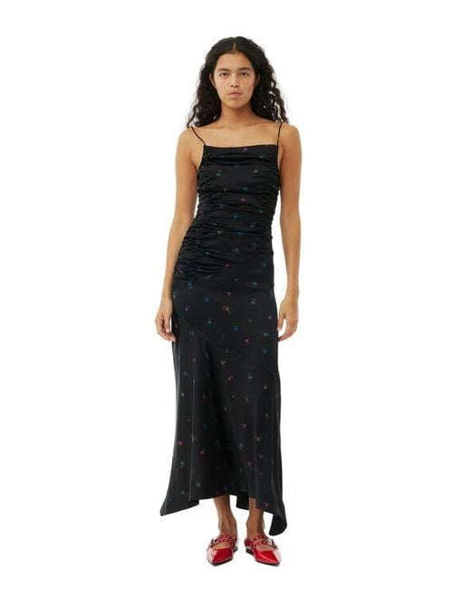 Ganni Black Floral Satin Ruched Long Slip Dress