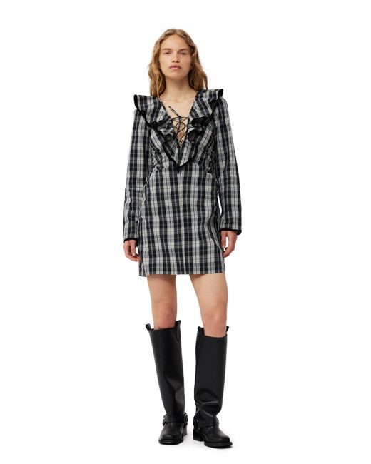 Ganni Black Checkered Cotton Ruffle V-neck Mini Kleid
