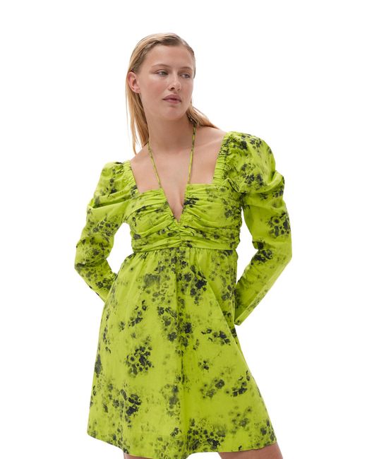 Ganni Green Long Sleeve Printed Cotton Mini Dress