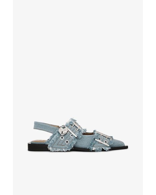 Ganni Blue Faded Denim Slingback Ballet Flat Shoe With Buckles