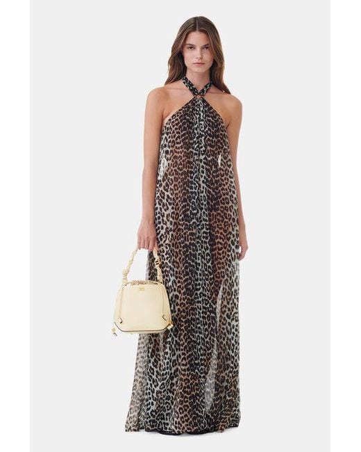 Ganni Multicolor Leopard Printed Light Chiffon Halterneck Long Dress Polyester