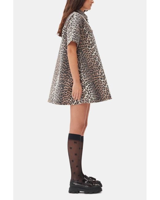 Ganni Brown Organic Denim Leopard Mini Dress