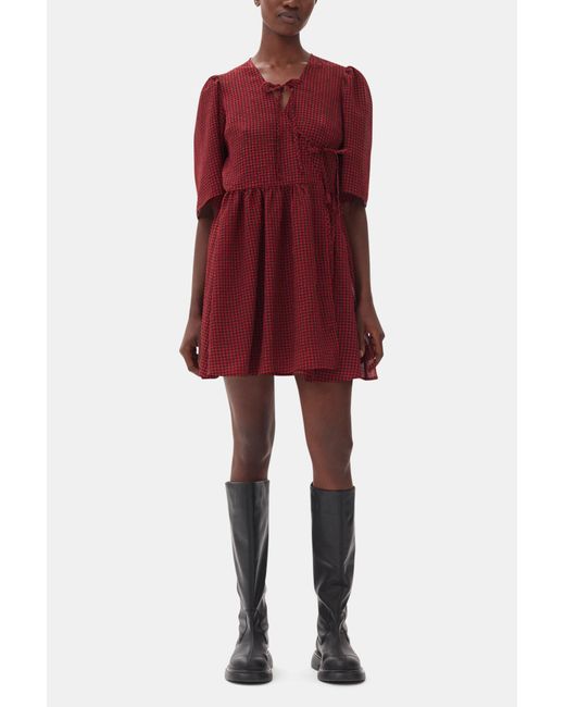 Ganni Red Sheer Tie String Wrap Dress