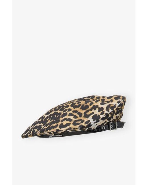 Ganni Blue Leopard Printed Beret Organic Cotton