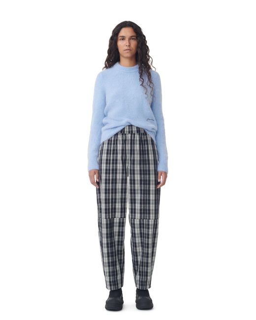 Ganni Blue Checkered Cotton Elasticated Curve Trousers