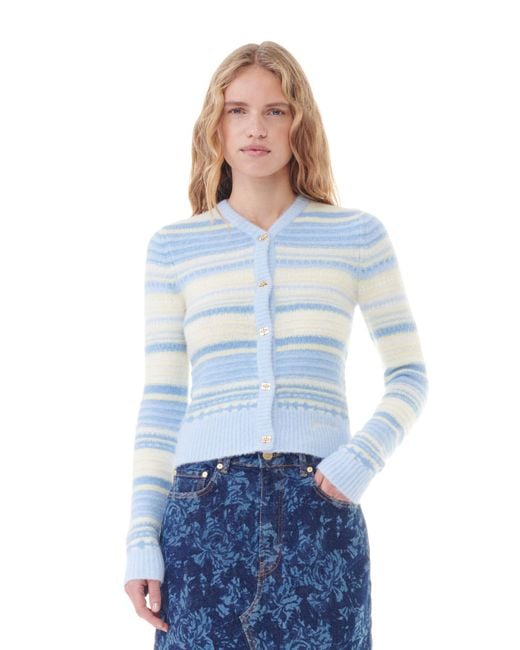 Cardigan Blue Striped Soft Wool Ganni