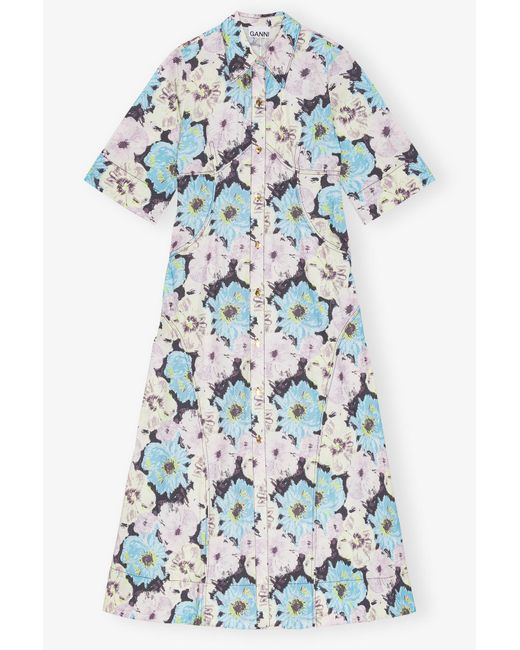 Ganni White Floral Printed Cotton Long Shirt Dress