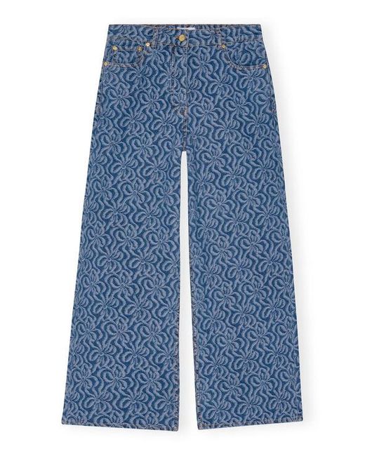 Ganni Blue Jacquard Denim Wide Trousers Jeans