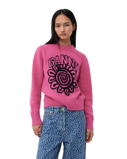 Ganni Red Pink Flower Graphic O-neck Pullover
