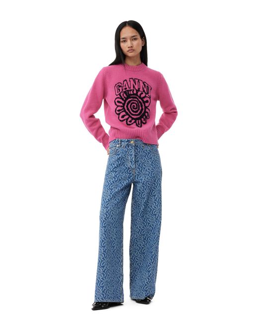 Ganni Red Pink Flower Graphic O-neck Pullover
