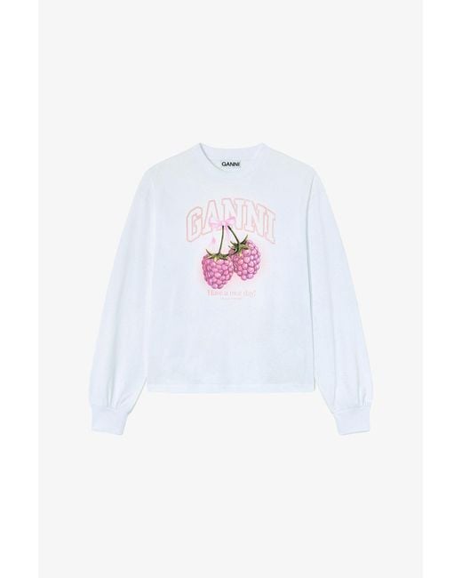 Ganni Blue Long-Sleeve T-Shirt With Raspberries