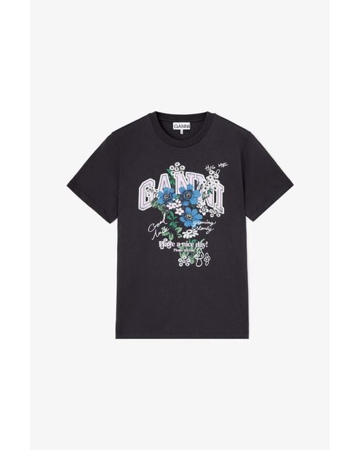 Ganni Black T-Shirt With Flowers