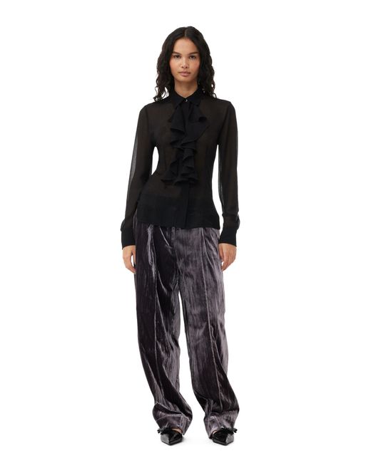 Ganni Black Grey Striped Velvet Relaxed Pleated Trousers
