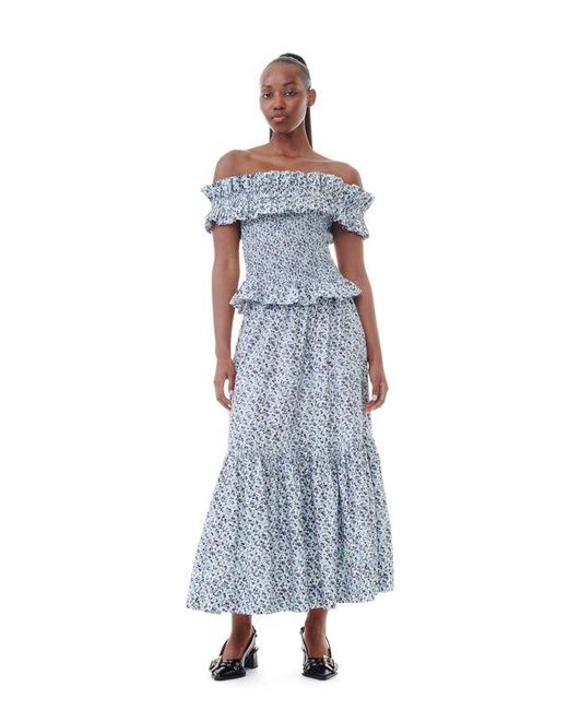 Ganni Blue Floral Printed Cotton Maxi Flounce Skirt